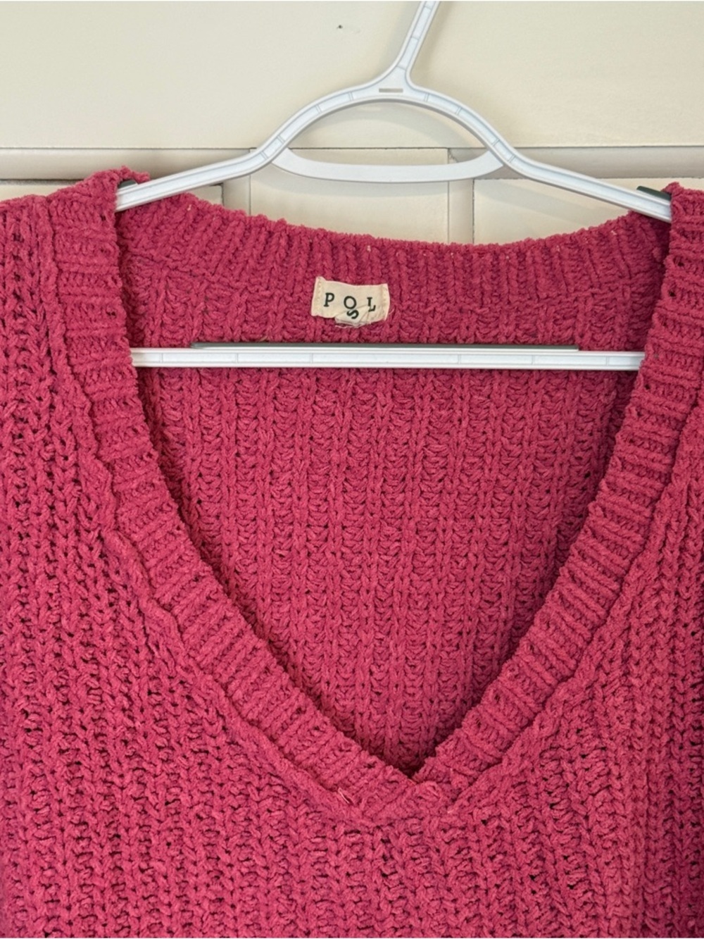 POL Pink Crochet Sweater Boho Chunky Knit V-Neck Crop Pullover 25312 - Picture 3 of 10